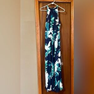 XL halter/ maxi dress, navy palm leaf printed